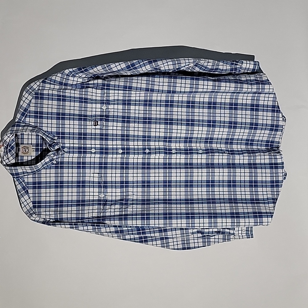 Cinch Men's Long-Sleeved Button-Down Blue/White Plaid Pocketed Shirt, Size XL